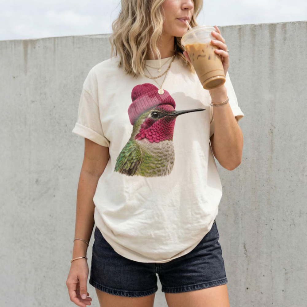 Anna's Hummingbird Wearing Beanie Shirt, Retro Birding Birder Graphic Tee